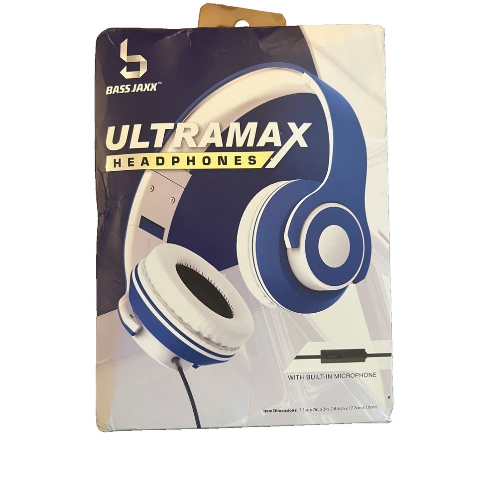 Bass Jaxx Ultramax Wired Over-Ear Headphones w/ Microphone Blue & White